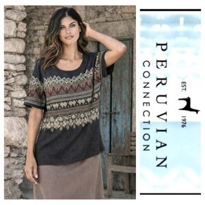 Peruvian Connection Gray Fair Isle Pima Cotton Knit Short Sleeve Sweater L